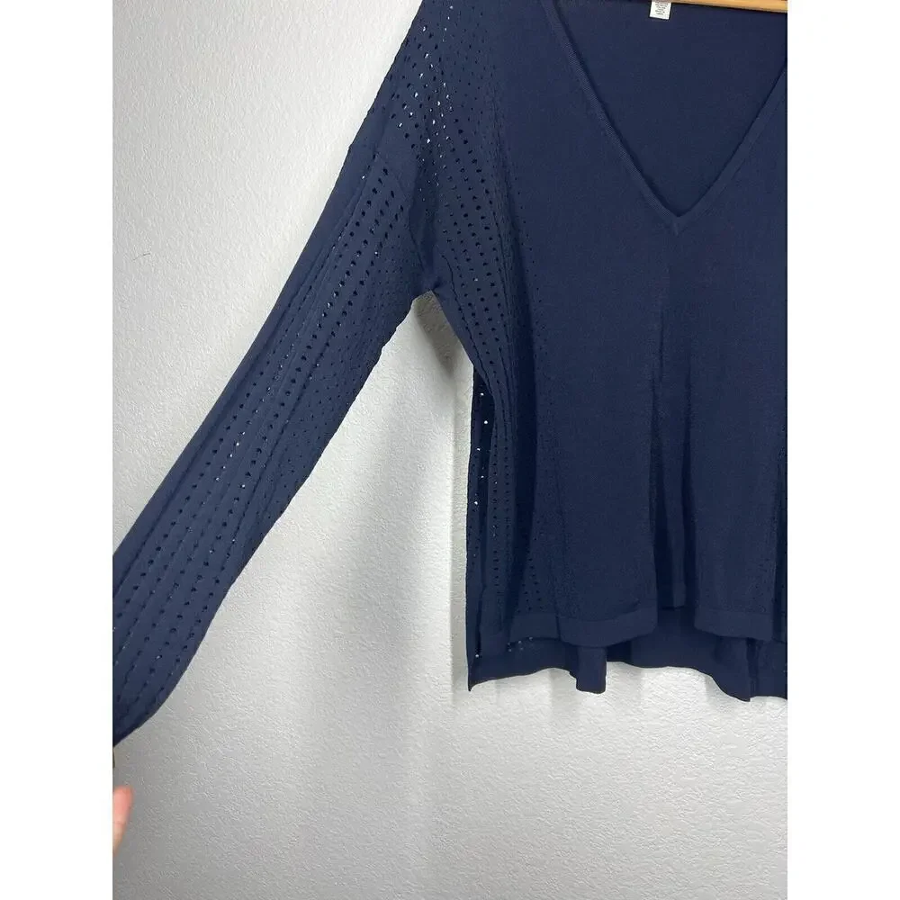 Autumn Cashmere Navy Perforated Stretch Crepe Knit Top Large